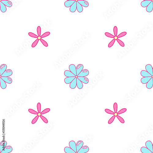Fototapeta Naklejka Na Ścianę i Meble -  Daisy flowers from 1970 or y2k vibe. Vector seamless pattern in pinbk and blue colors. Hand-drawn illustration in flat style for groovy background, wallpaper, fabric, textile.