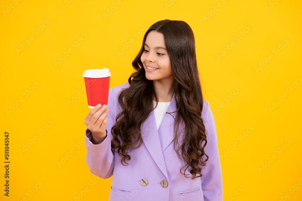 Child girl holding coffee cup. Coffee break and recess. Teenager hold plastic take away cup, drink cocoa, coffee or tea beverage. Happy face, positive and smiling emotions of teenager girl. Child girl holding coffee cup. Coffee break and recess. Teenager hold plastic take away cup, drink cocoa, coffee or tea beverage. Happy face, positive and smiling emotions of teenager girl.
