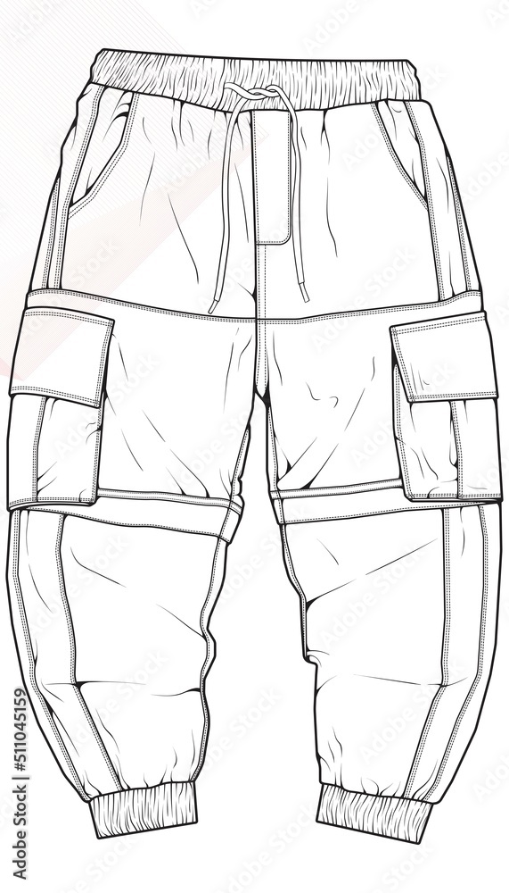 Men Cargo Pants outline Vector Template, Men Cargo Pants in a sketch