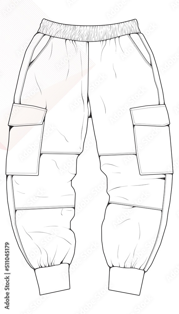 Men Cargo Pants outline Vector Template, Men Cargo Pants in a sketch