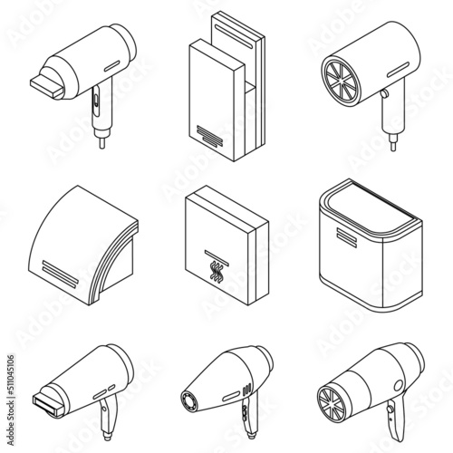 Dryer icons set. Isometric set of dryer vector icons outline isolated on white background