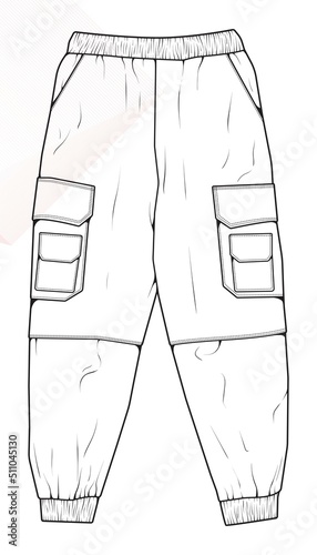 Men Cargo Pants outline  Vector Template, Men Cargo Pants in a sketch style, trainers template outline, vector Illustration.

