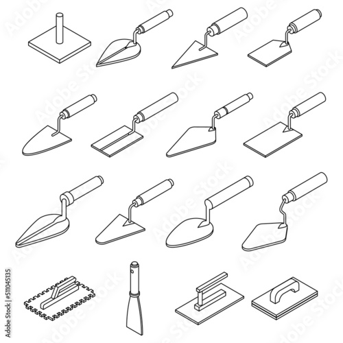 Trowel icons set. Isometric set of trowel vector icons outline isolated on white background