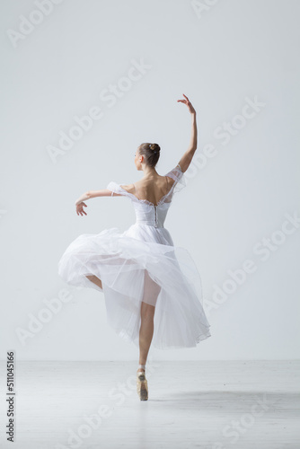 Fototapeta Naklejka Na Ścianę i Meble -  Young Beautiful Female Ballerina Posing on Studio Background