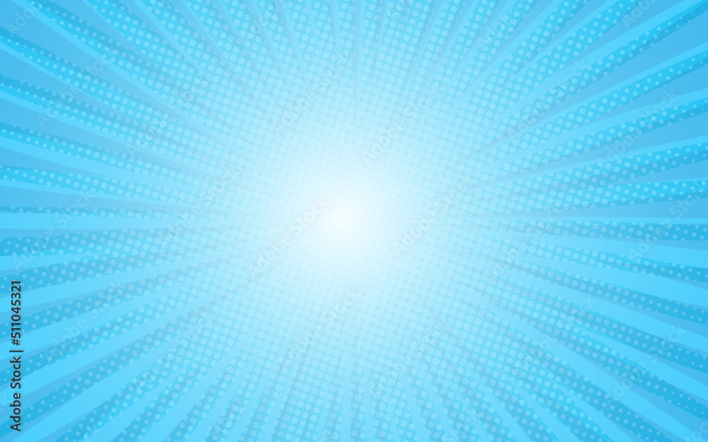 Obraz premium Sun rays retro vintage style on blue background. Comic pattern with starburst and halftone. Cartoon retro sunburst effect with dots. Rays. Vector illustration. Superhero wow banner.
