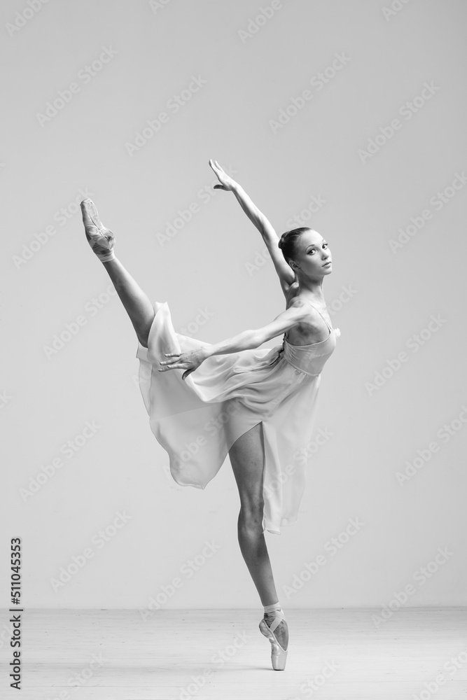 Young Beautiful Female Ballerina Posing on Studio Background - obrazy, fototapety, plakaty 