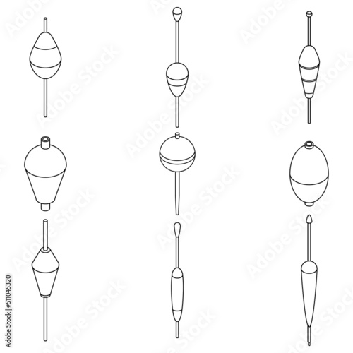 Bobber icons set. Isometric set of bobber vector icons outline isolated on white background