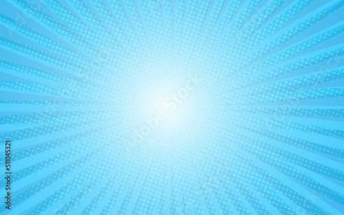 Sun rays retro vintage style on blue background. Comic pattern with starburst and halftone. Cartoon retro sunburst effect with dots. Rays. Vector illustration. Superhero wow banner.