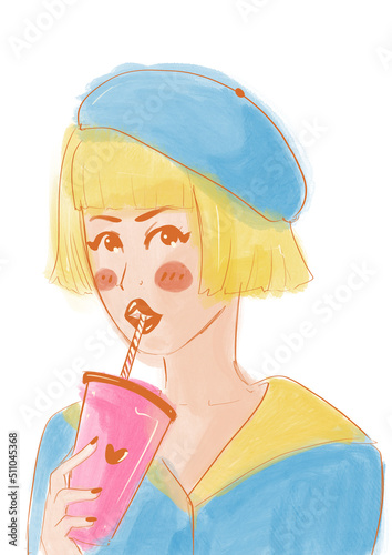 ilustración acuarela chica rubia bebiendo cafe photo