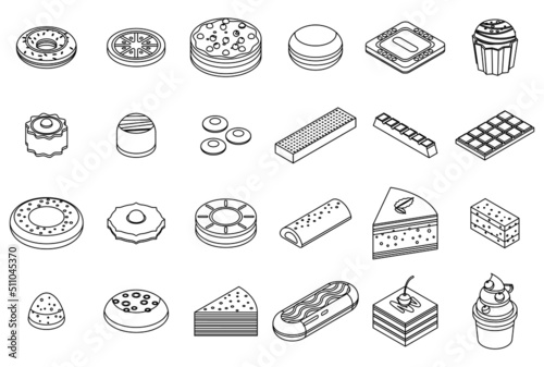 Confectionery icons set. Isometric set of confectionery vector icons outline isolated on white background