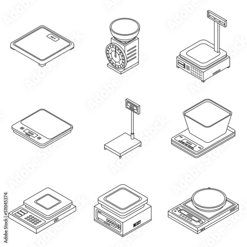 Weigh scales icons set. Isometric set of weigh scales vector icons outline isolated on white background