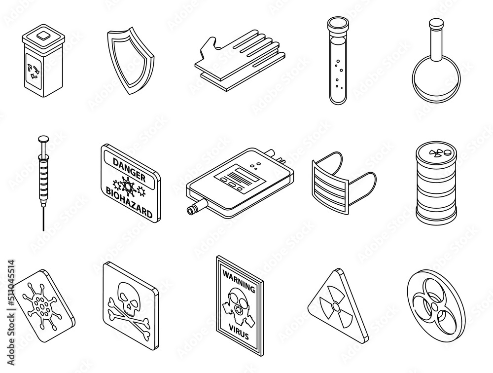 Biohazard icons set. Isometric set of biohazard vector icons outline isolated on white background Biohazard icons set. Isometric set of biohazard vector icons outline isolated on white background