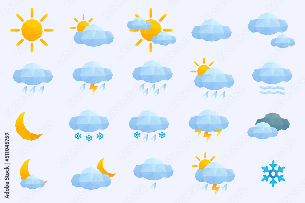 Polygon lowpoly weather icons set on white background. Vector illustration. Winter and summer symbols, sun and cloudy, rainy, stormy stickers. Mobile application, ui ux icons.