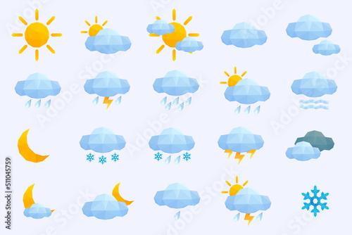 Polygon lowpoly weather icons set on white background. Vector illustration. Winter and summer symbols, sun and cloudy, rainy, stormy stickers. Mobile application, ui ux icons.