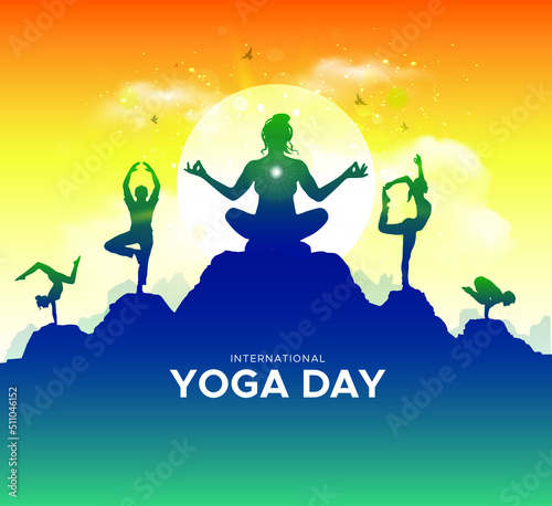 21 June, International yoga day celebration background. Group of people practicing yoga and morning sunrise.