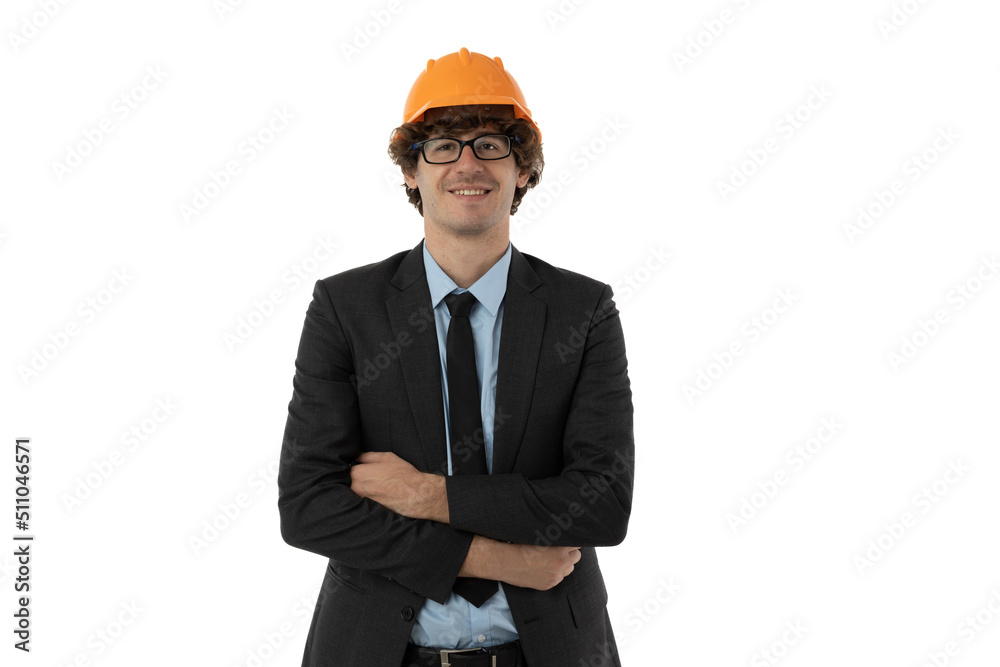Young engineering on white back ground. He is wearing a hard hat , jacket , suit and tie. Young engineering on white back ground. He is wearing a hard hat , jacket , suit and tie.