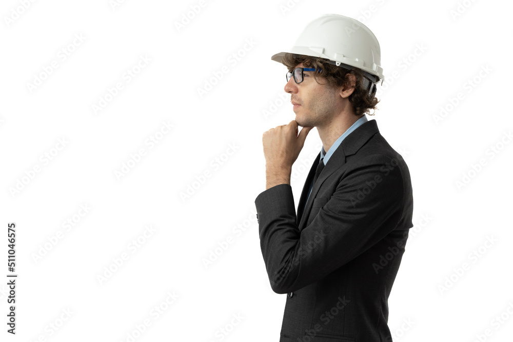 Young engineering on white back ground. He is wearing a hard hat , jacket , suit and tie. Young engineering on white back ground. He is wearing a hard hat , jacket , suit and tie.