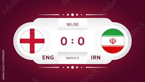England vs Iran Match. Football 2022. World Football Championship Competition infographic. Group Stage. Group B. Poster, announcement, game score. Scoreboard template. Vector