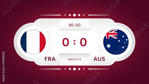 France vs Australia Match. Football 2022. World Football Championship Competition infographic. Group Stage. Group D. Poster, announcement, game score. Scoreboard template. Vector