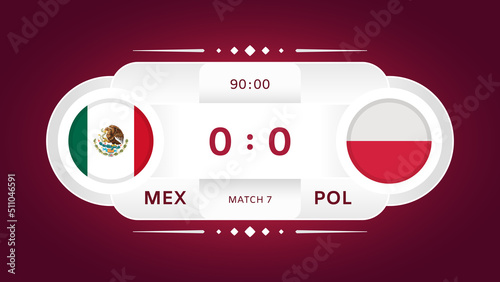 Mexico vs Poland Match. Football 2022. World Football Championship Competition infographic. Group Stage. Group C. Poster, announcement, game score. Scoreboard template. Vector