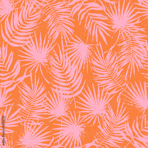 Stamped tropical leaves seamless pattern. Shaded jungle grunge flora trend. Abstract botanical background. Palm branches fashion print for fabric, package, paper