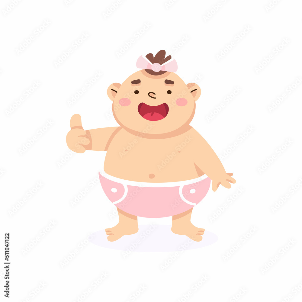 Little happy girl smiles broadly. Thumb up symbol. Happy child character. Cartoon vector illustration isolated on white background Little happy girl smiles broadly. Thumb up symbol. Happy child character. Cartoon vector illustration isolated on white background