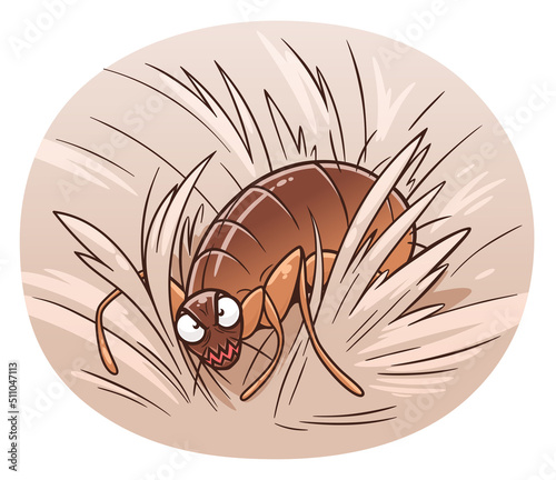 Cartoon flea on pet fur vector illustration. Cartoon flea series. 