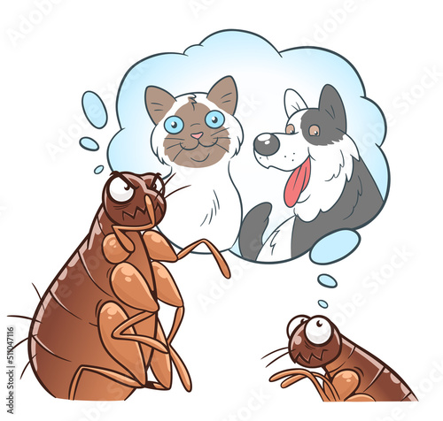 Two hungry cartoon fleas thinking about pets. Cartoon flea series. 