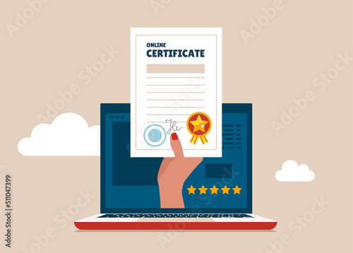 Illustration of a hand emerging from the laptop monitor and holding a piece of certificate paper. get the award. gifts and appreciation. flat design. can be used for elements, landing pages, icons