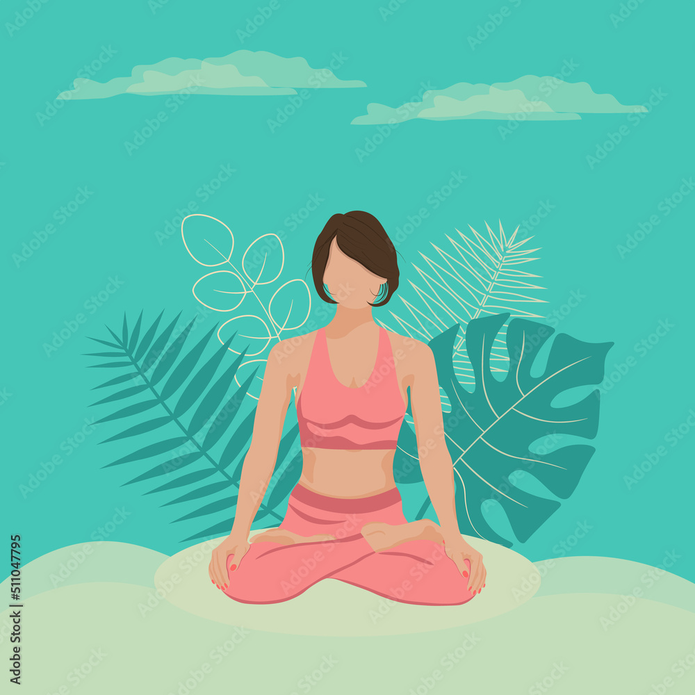 Woman meditating, yoga in summer nature, stands in a lotus pose with big green and yellow leaves, a .meditation on tropical beach. Healthy lifestyle, relaxing time concept. Faceless style flat vector.