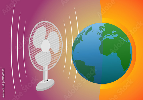 Calentamiento global. El planeta Tierra recibiendo aire de un ventilador de sobremesa