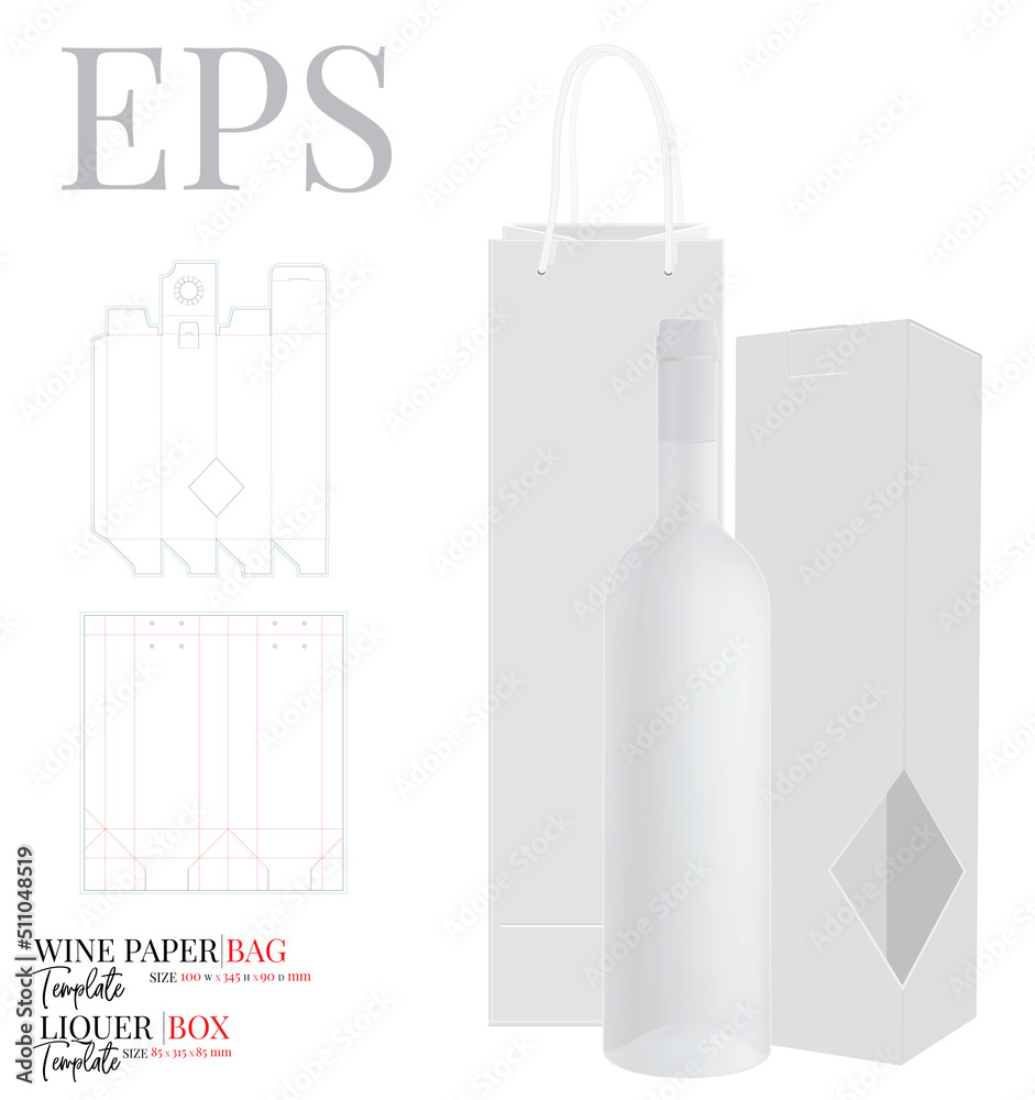 Wine Paper Bag and liquor box set. Vector with die cut, laser cut ...