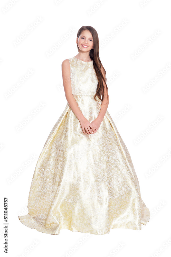 Happy little girl in carnival costume posing on white background Happy little girl in carnival costume posing on white background