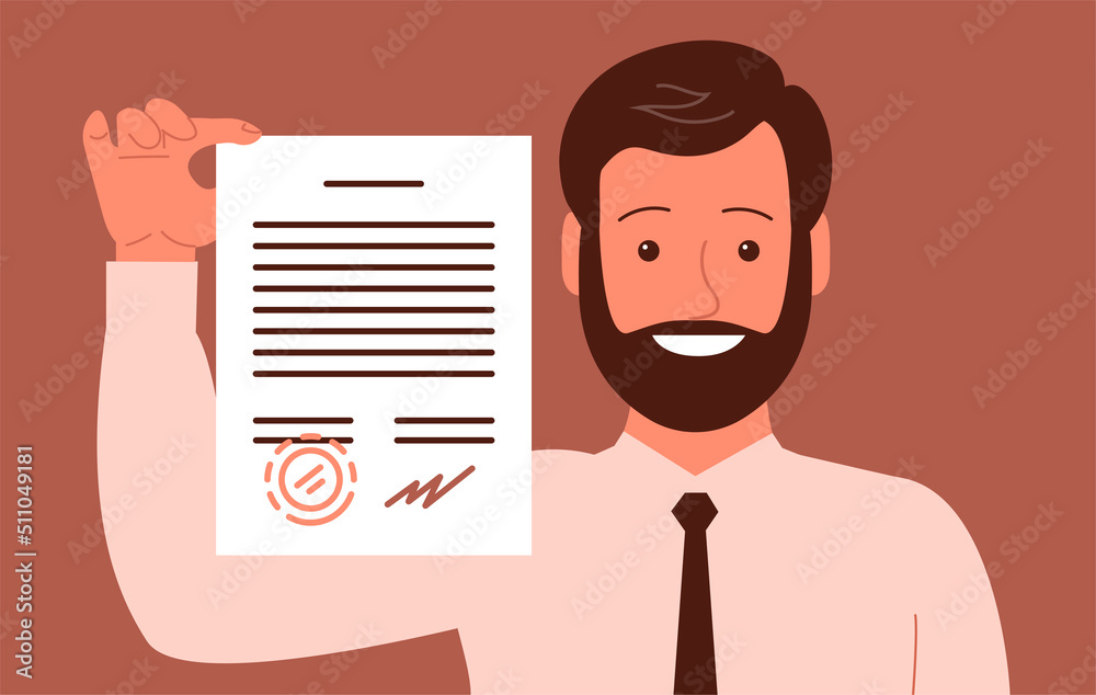 Young modern businessman with a contract in his hand. Man manager and employee of the company. Employment agreement, inheritance, testament. . Flat isolated vector illustration Young modern businessman with a contract in his hand. Man manager and employee of the company. Employment agreement, inheritance, testament. . Flat isolated vector illustration