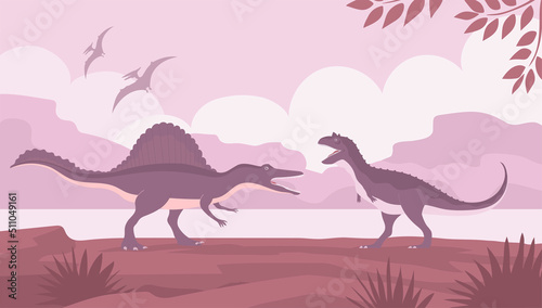 Carnotaurus vs spinosaurus. Carnivorous lizards. Ancient dinosaurs of the Jurassic period. Vector cartoon illustration. Prehistoric nature background. Wild landscape