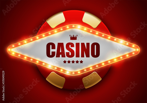 Rhomboid frame with glowing shiny LED light bulbs, vector illustration. Roung red gold poker chip shining casino banner red background. Signboard lamps border for casino, poker, roulette, black jack