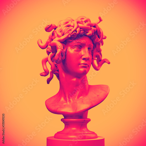 Digital illustration from 3D rendering of snake hair Medusa marble classical head bust on a pedestal isolated on background in orange vaporwave style colors.