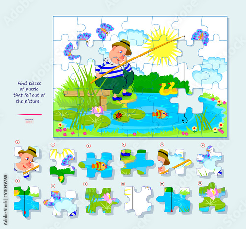 Logic game for children and adults. Find pieces of puzzle that fell out of picture. Page for kids brain teaser book. Task for attentiveness. Developing spatial thinking. Play online. Vector image.