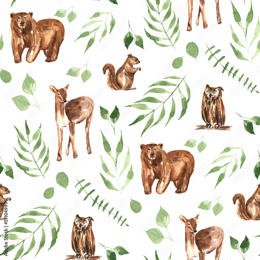 Fototapeta premium Seamless pattern with cute forest animals and greenery on white