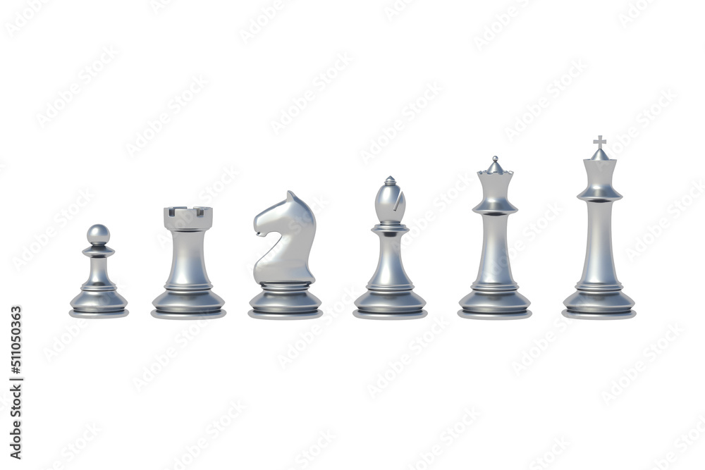 Group of silver chess figures isolated on white background. 3d render Group of silver chess figures isolated on white background. 3d render