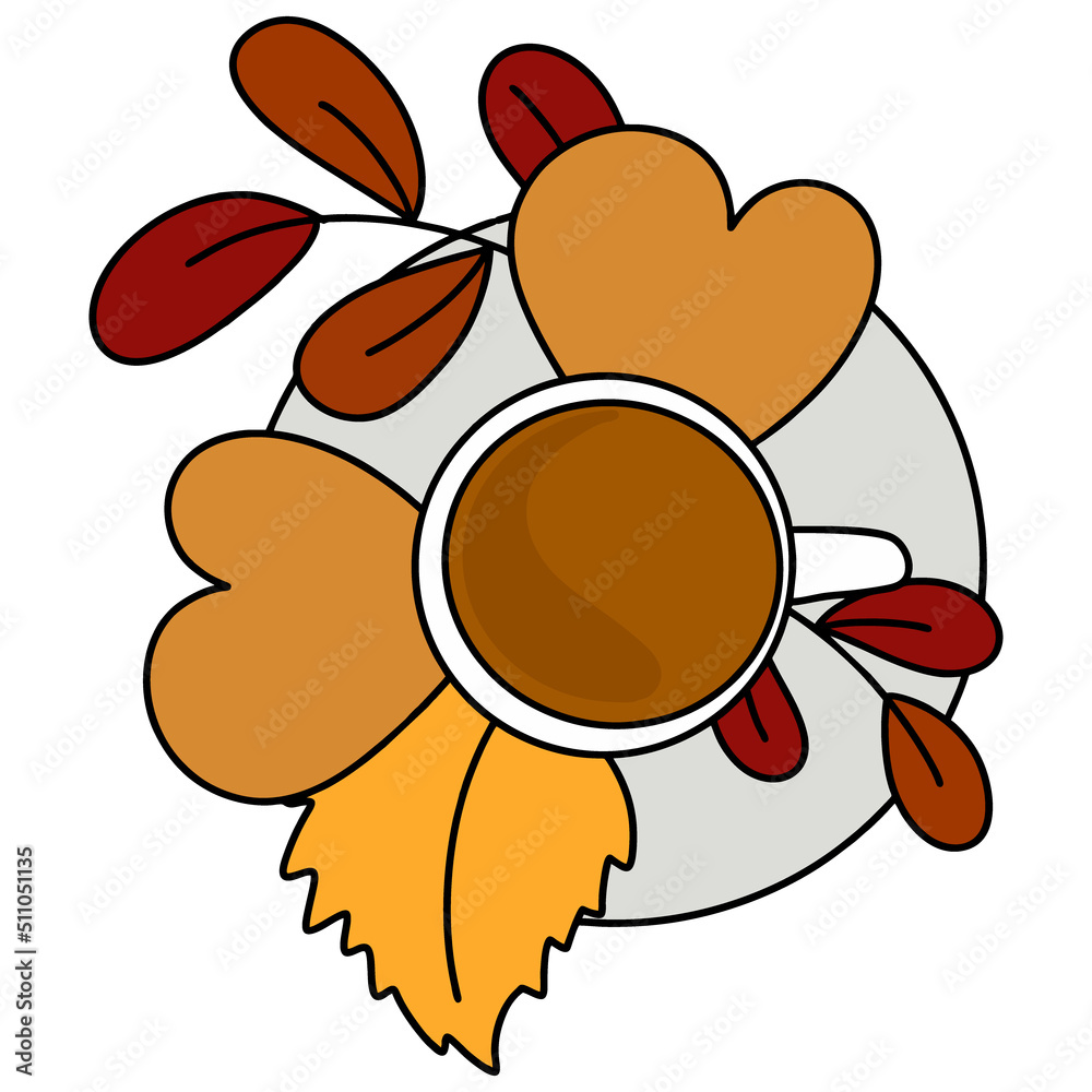 cozy autumn still life, a cup of coffee on a saucer, with cookies, on a background of leaves cozy autumn still life, a cup of coffee on a saucer, with cookies, on a background of leaves