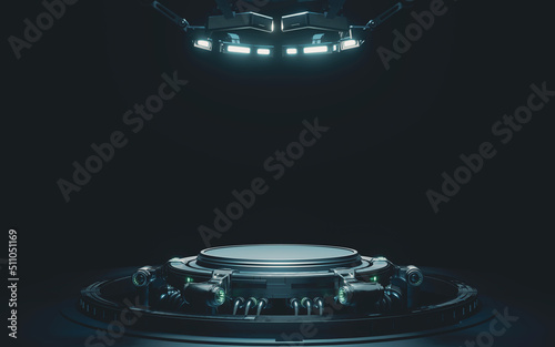 Foto 3D Rendering of sci fi pedestal in scientific laboratory with mechanical robot arms holder and ceiling light