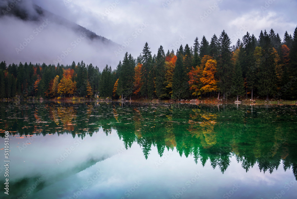 Fototapeta premium Beautiful autumn gloomy scenery by the lake