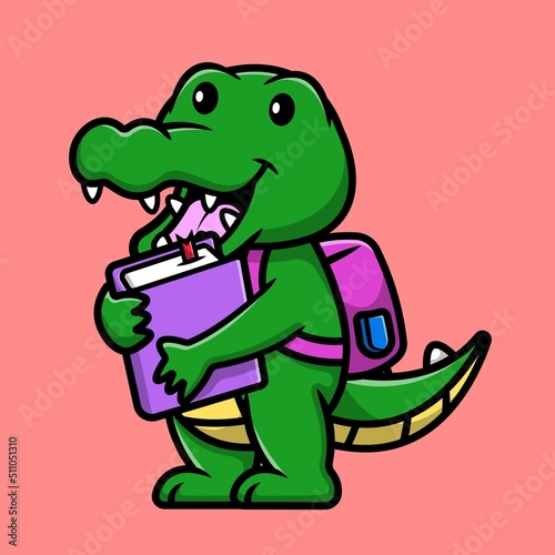 Cute Crocodile Student Holding Book And Wearing Backpack Cartoon Vector Icon Illustration. Animal Education Icon Concept Isolated Premium Vector.