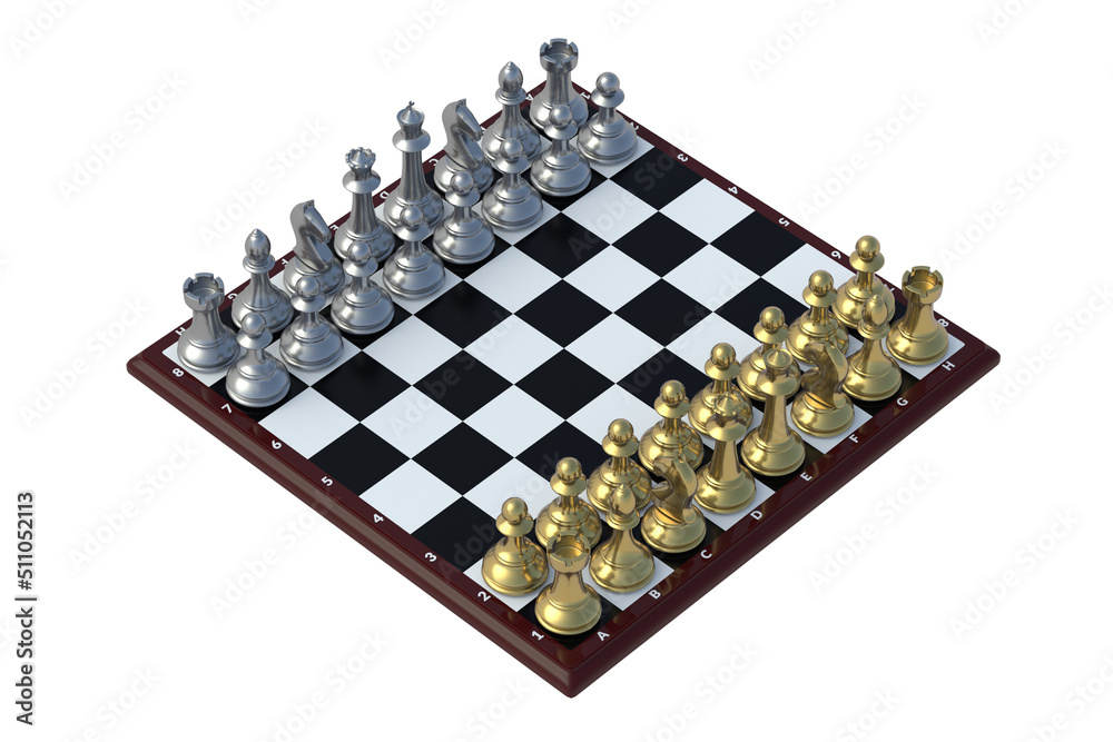 Luxury set of metallic chess figures on chess board isolated on white background. 3d render Luxury set of metallic chess figures on chess board isolated on white background. 3d render
