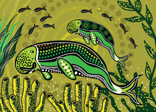 Mother and baby dugong aboriginal art - Vector
