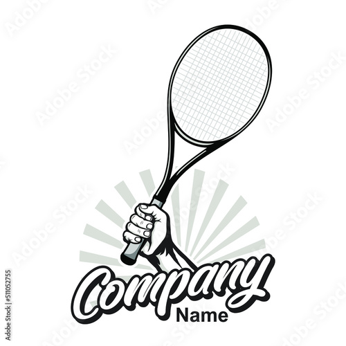 Tennis logo with hand holding rackets vector inspiration, Design element for logo, poster, card, banner, emblem, t shirt. Vector illustration
