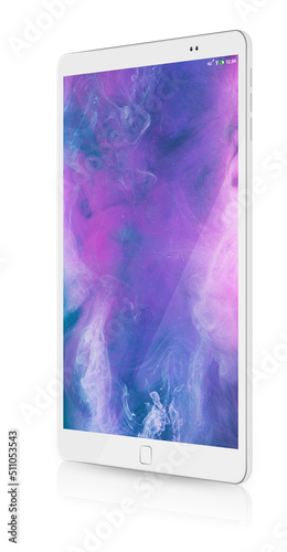 Tablet presentation. Electronic device. Innovative technology. Angle front view of portable gadget with pink blue color abstract screensaver on display isolated on white banner.