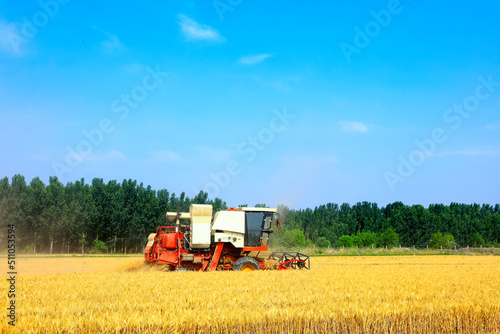 combine harvester working on a wheat field