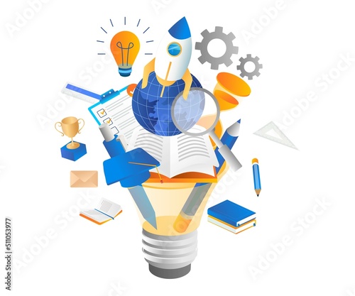 School supplies above the idea lamp and the earth illustration